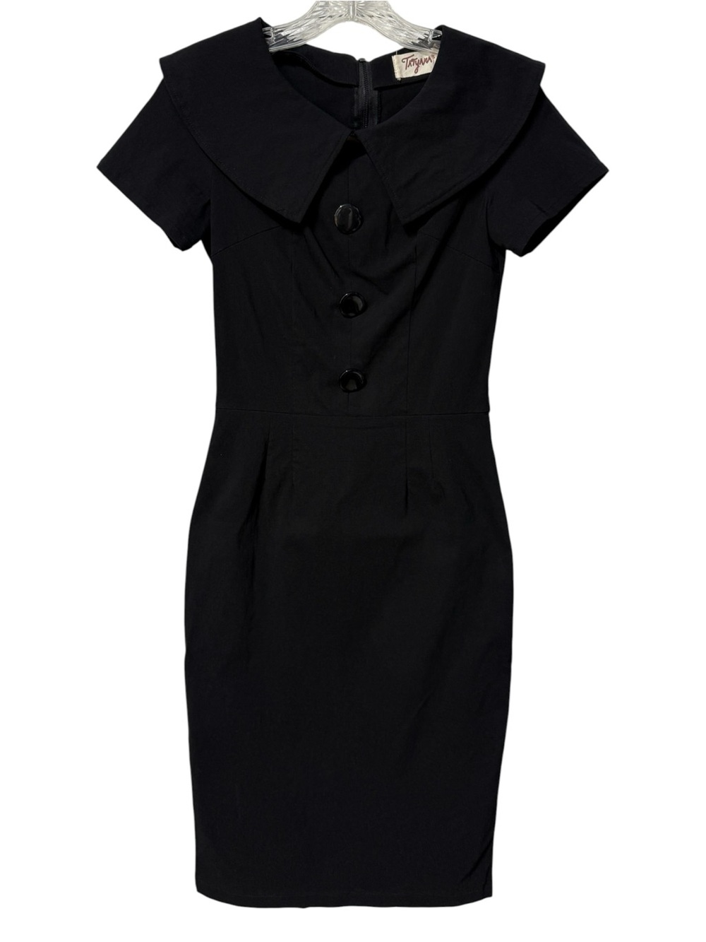 Tatyana Vintage-Inspired Black Sheath Dress with Statement Collar Sz M